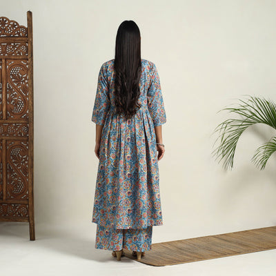 Blue - Block Print Cotton Flared Sanganeri Kurta Set 02