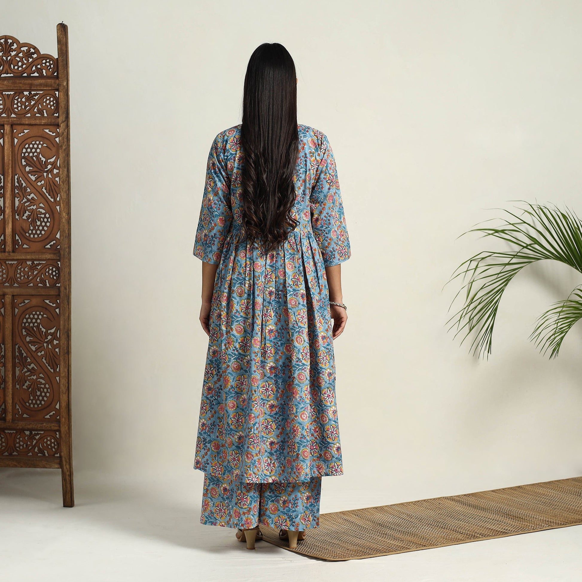 Blue - Block Print Cotton Flared Sanganeri Kurta Set 02