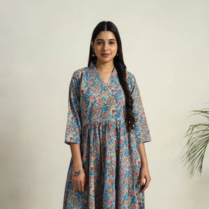 Blue - Block Print Cotton Flared Sanganeri Kurta Set 02