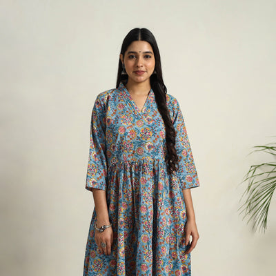 Blue - Block Print Cotton Flared Sanganeri Kurta Set 02
