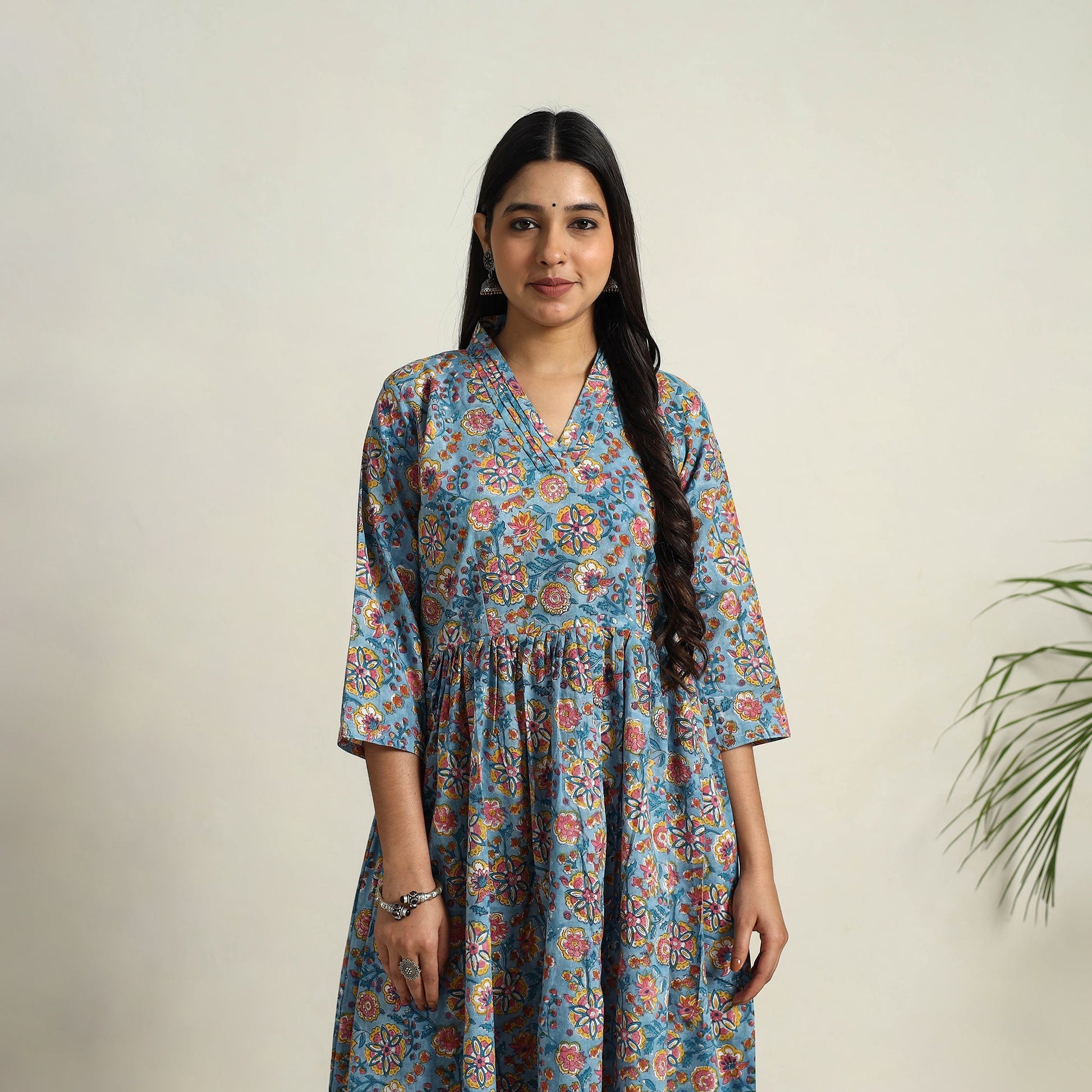 Blue - Block Print Cotton Flared Sanganeri Kurta Set 02