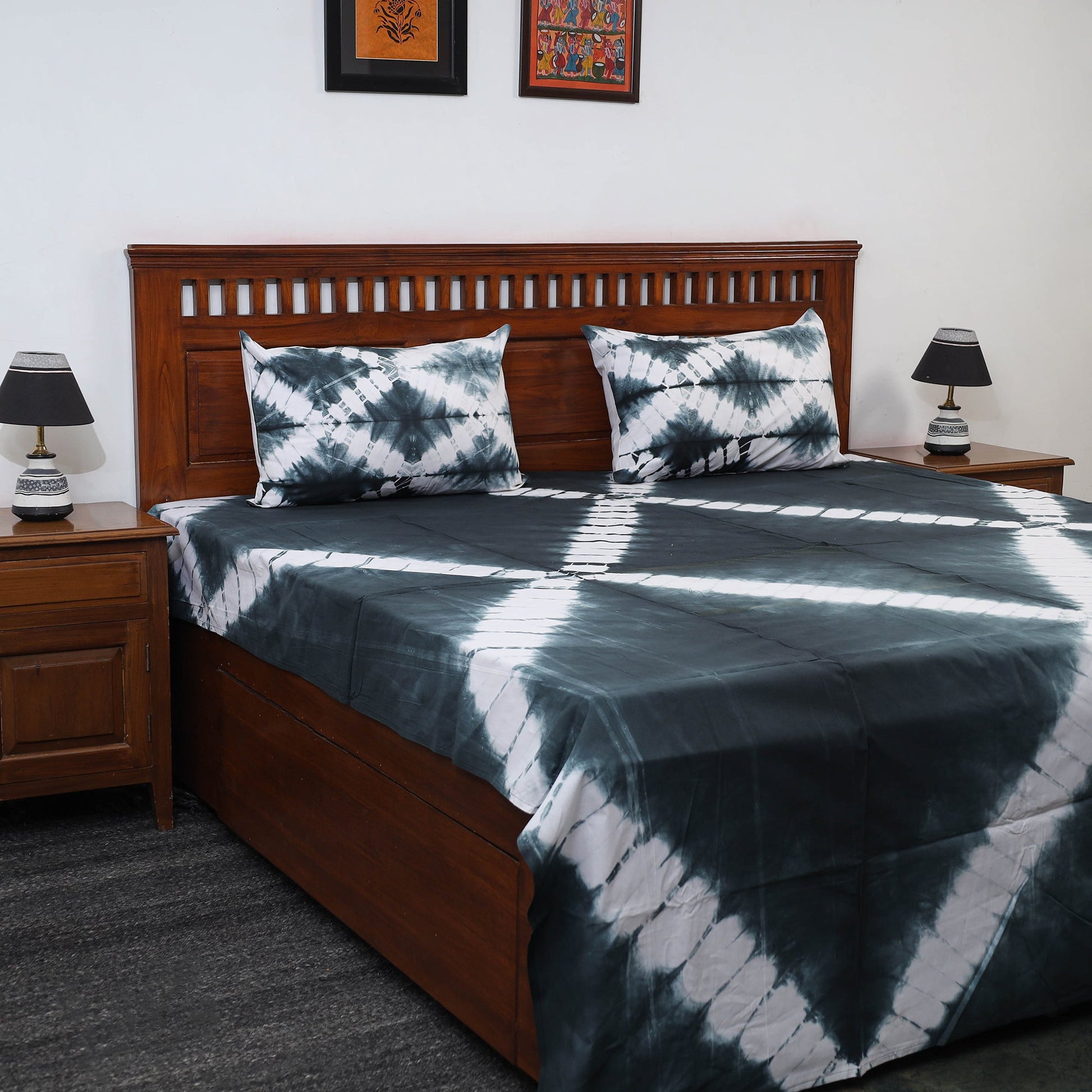 Black - Tie & Dye Cotton Double Shibori Bed Sheet Set