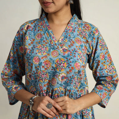 Blue - Block Print Cotton Flared Sanganeri Kurta Set 02