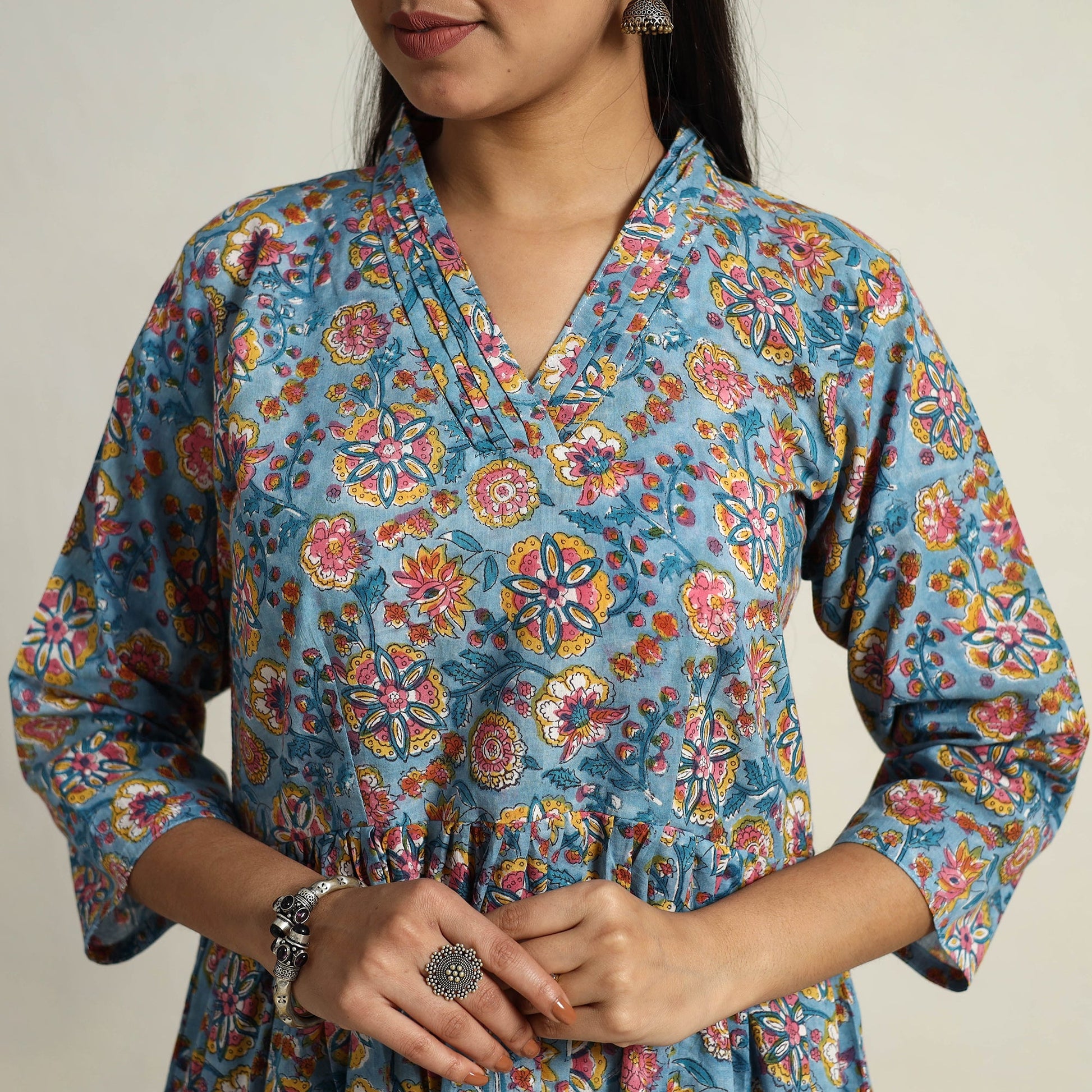 Blue - Block Print Cotton Flared Sanganeri Kurta Set 02