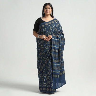 Blue - Akola Hand Block Printed Cotton Saree