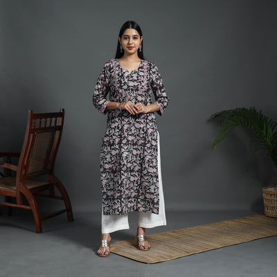 Black - Sequins Work Cotton Straight Sanganeri Print Kurta 09