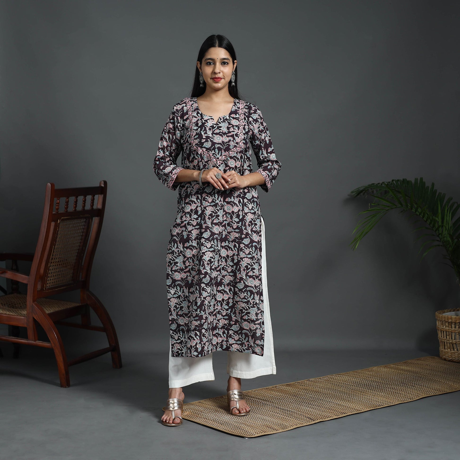 Black - Sequins Work Cotton Straight Sanganeri Print Kurta 09