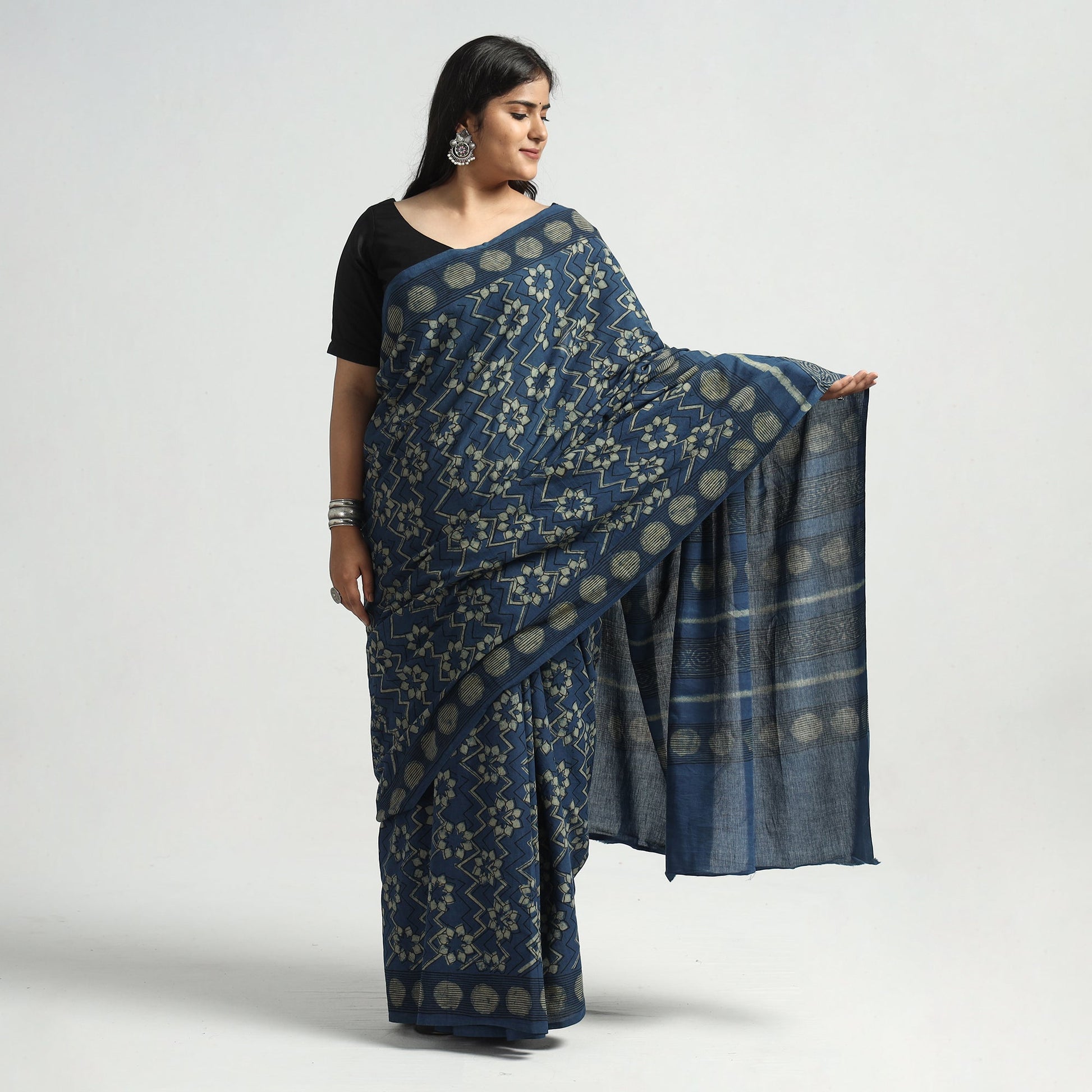 Blue - Akola Hand Block Printed Cotton Saree
