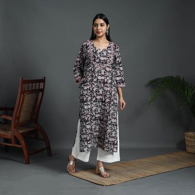 Black - Sequins Work Cotton Straight Sanganeri Print Kurta 09