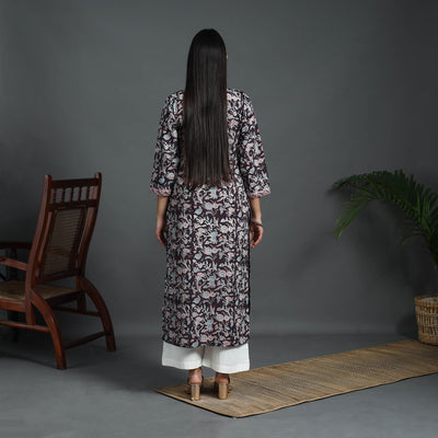 Black - Sequins Work Cotton Straight Sanganeri Print Kurta 09