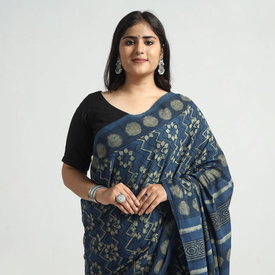 Blue - Akola Hand Block Printed Cotton Saree