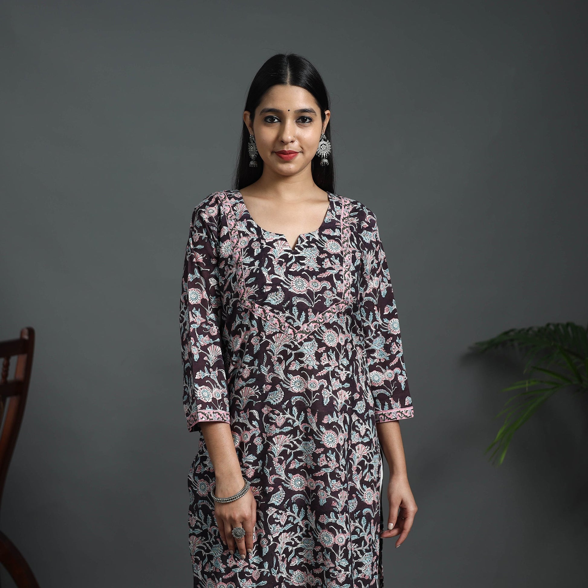 Black - Sequins Work Cotton Straight Sanganeri Print Kurta 09