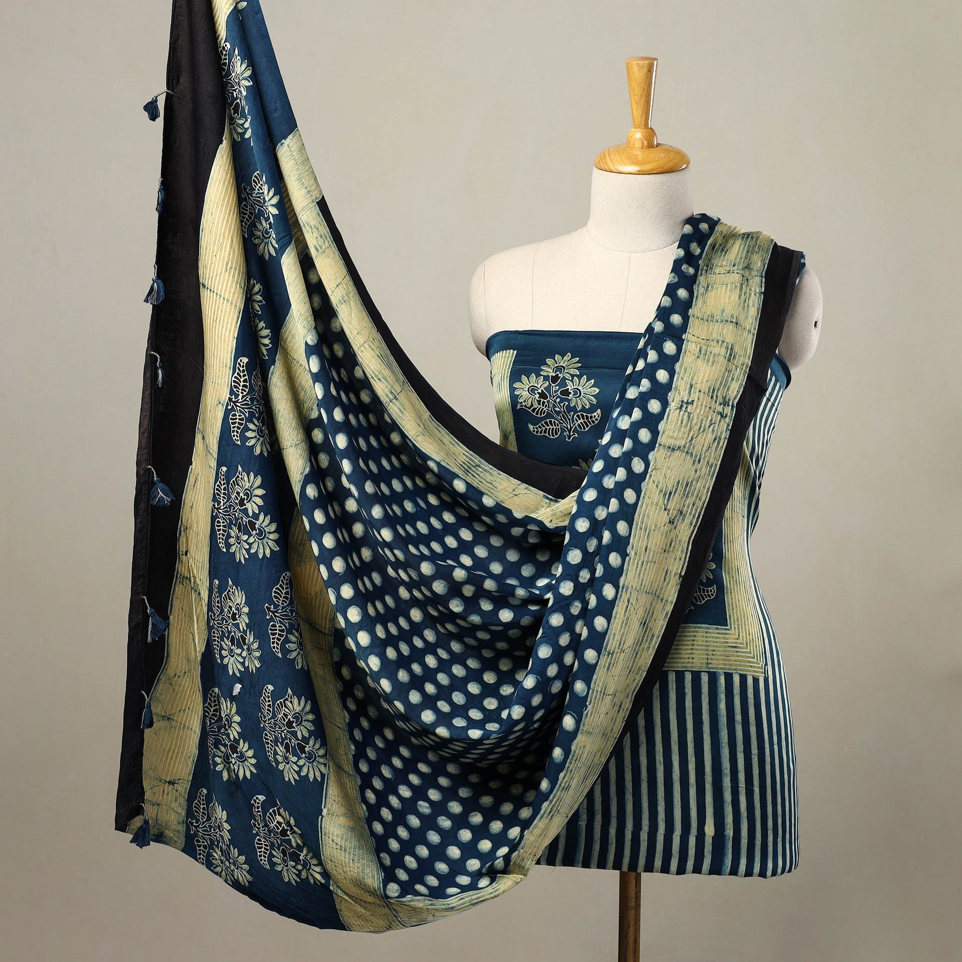 Blue - 2pc Modal Silk Block Print Ajrakh Dress Material 01