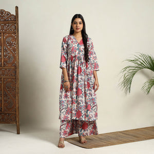 Beige - Block Print Cotton Flared Sanganeri Kurta Set 05