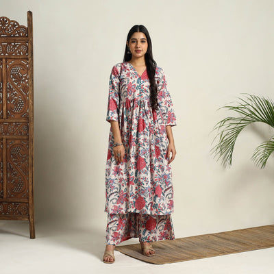 Beige - Block Print Cotton Flared Sanganeri Kurta Set 05