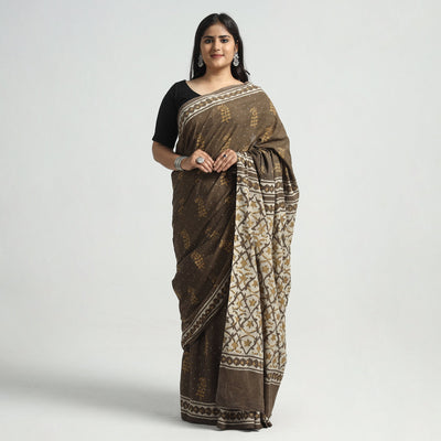 Brown - Akola Hand Block Printed Cotton Saree