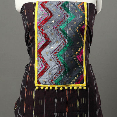 Brown - Ikat Cotton Kurta Material with Patchwork (3m) 09