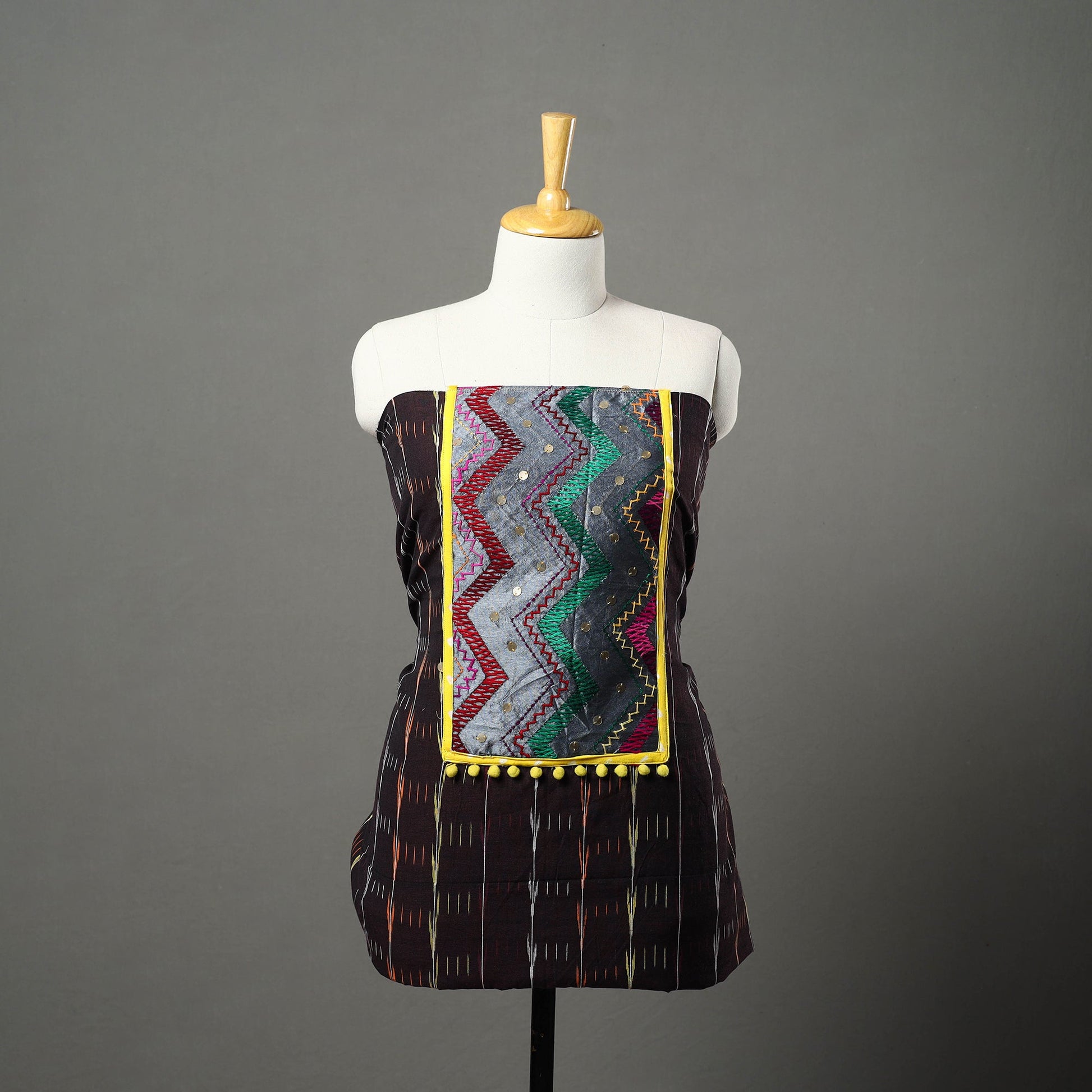 Brown - Ikat Cotton Kurta Material with Patchwork (3m) 09