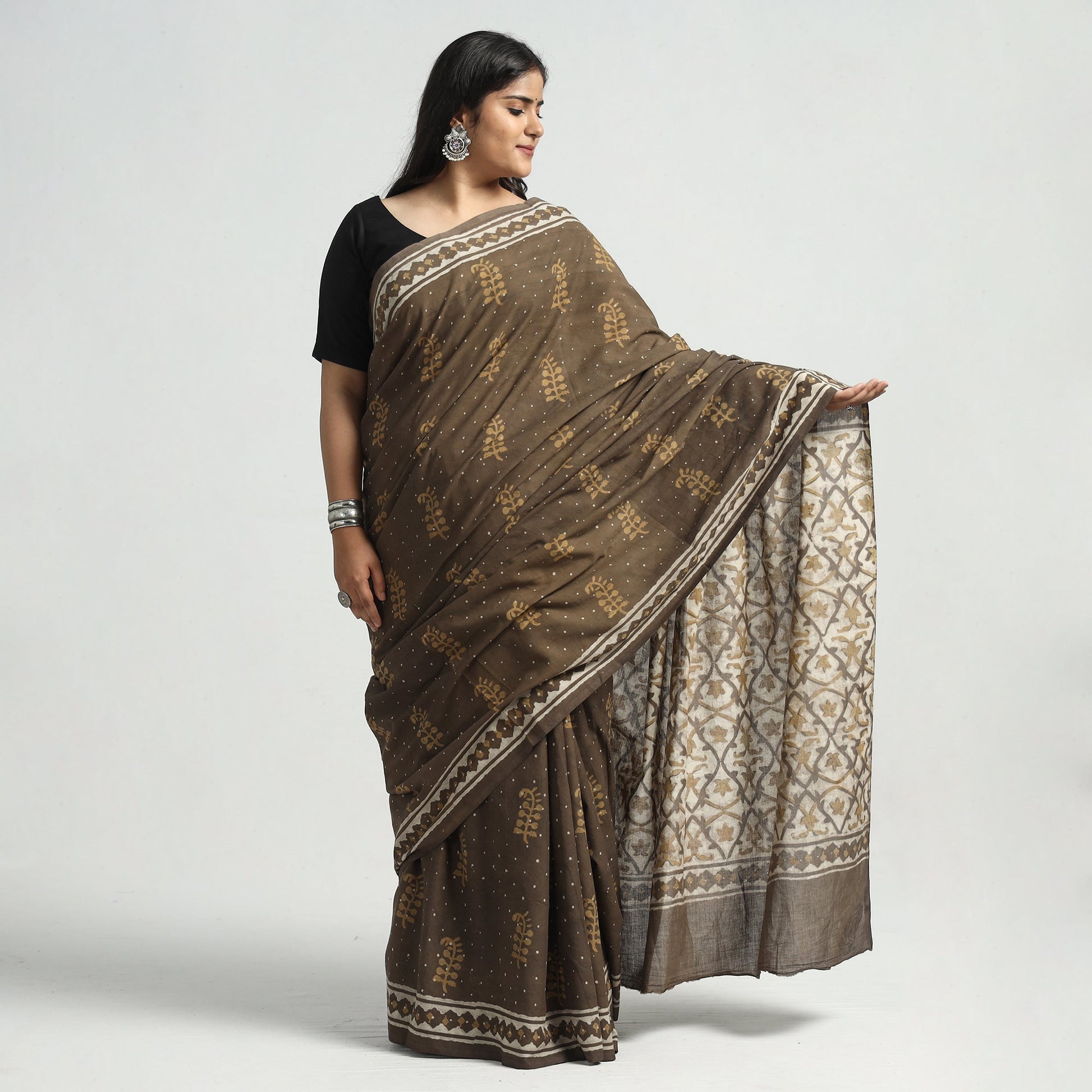 Brown - Akola Hand Block Printed Cotton Saree
