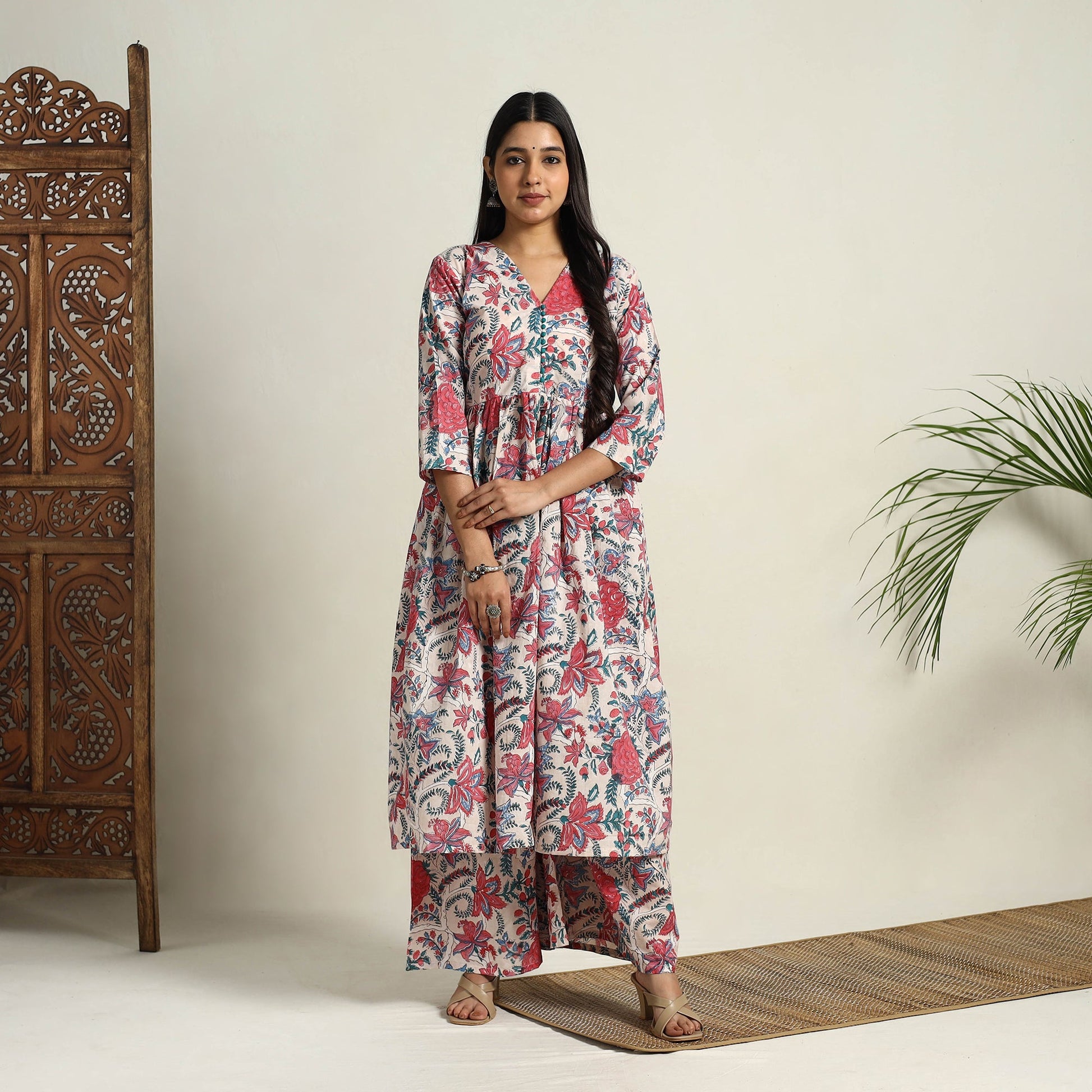 Beige - Block Print Cotton Flared Sanganeri Kurta Set 05