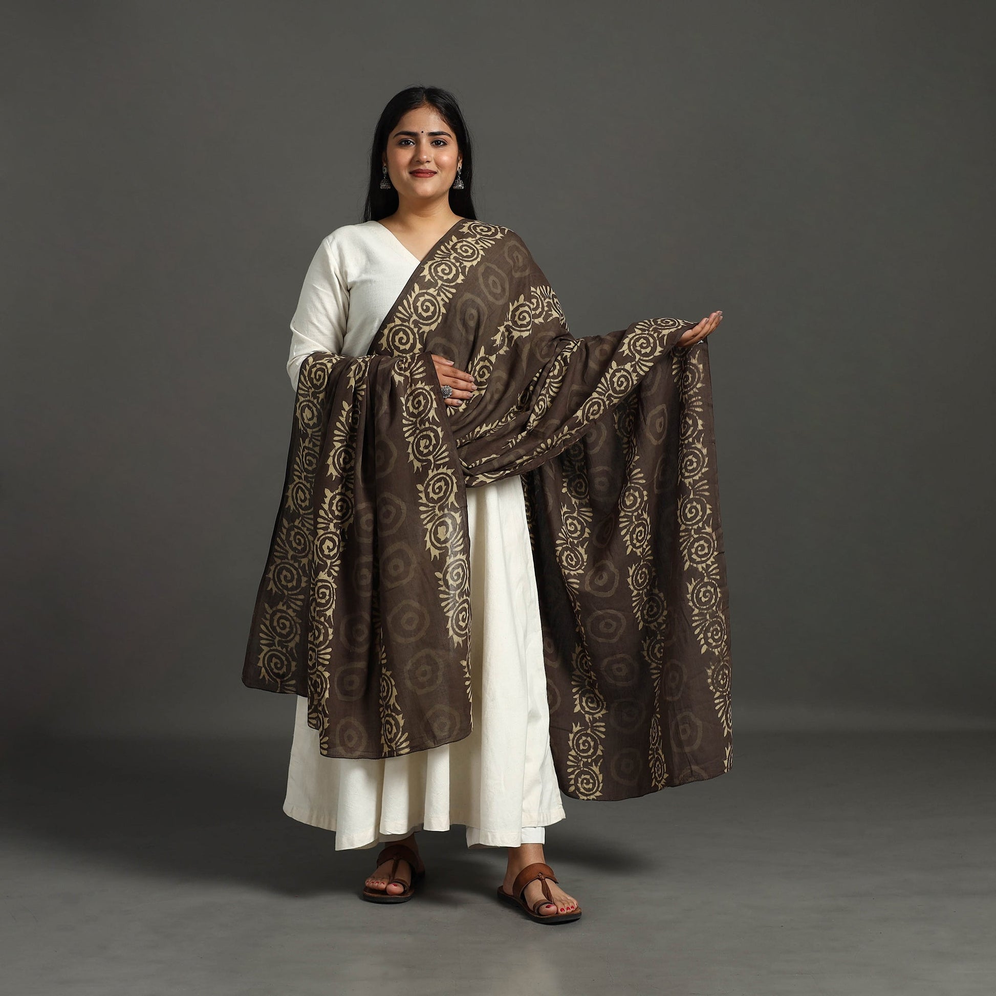 Brown - Block Print Mul Cotton Dabu Bagru Dupatta 61