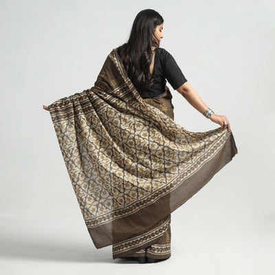 Brown - Akola Hand Block Printed Cotton Saree
