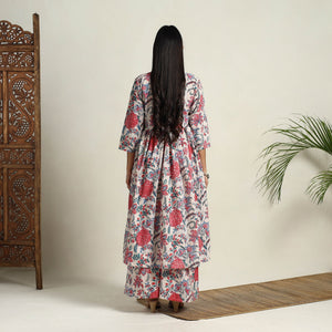 Beige - Block Print Cotton Flared Sanganeri Kurta Set 05