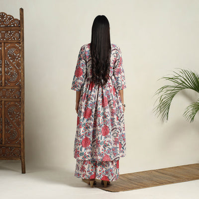 Beige - Block Print Cotton Flared Sanganeri Kurta Set 05