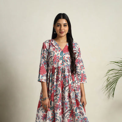 Beige - Block Print Cotton Flared Sanganeri Kurta Set 05