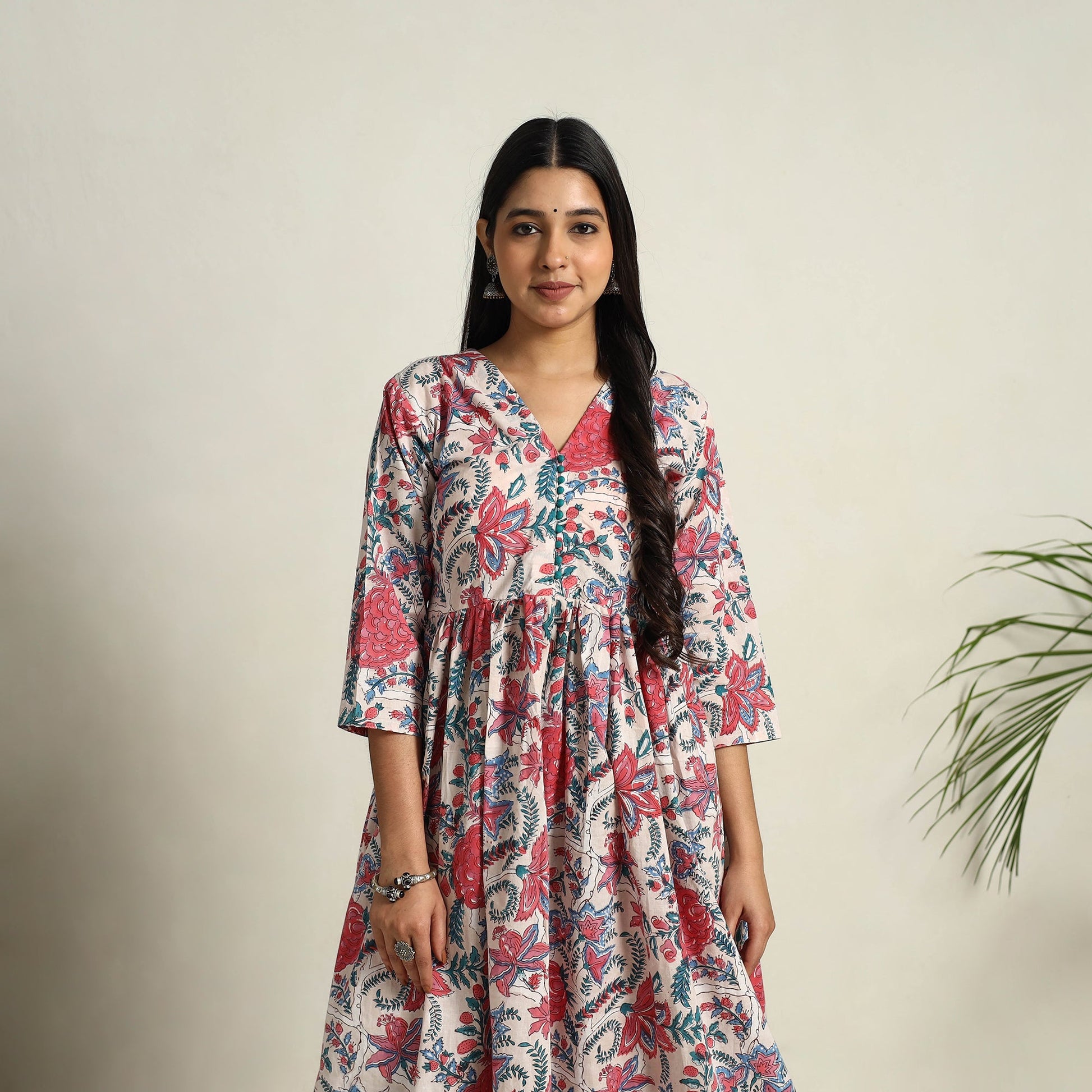 Beige - Block Print Cotton Flared Sanganeri Kurta Set 05