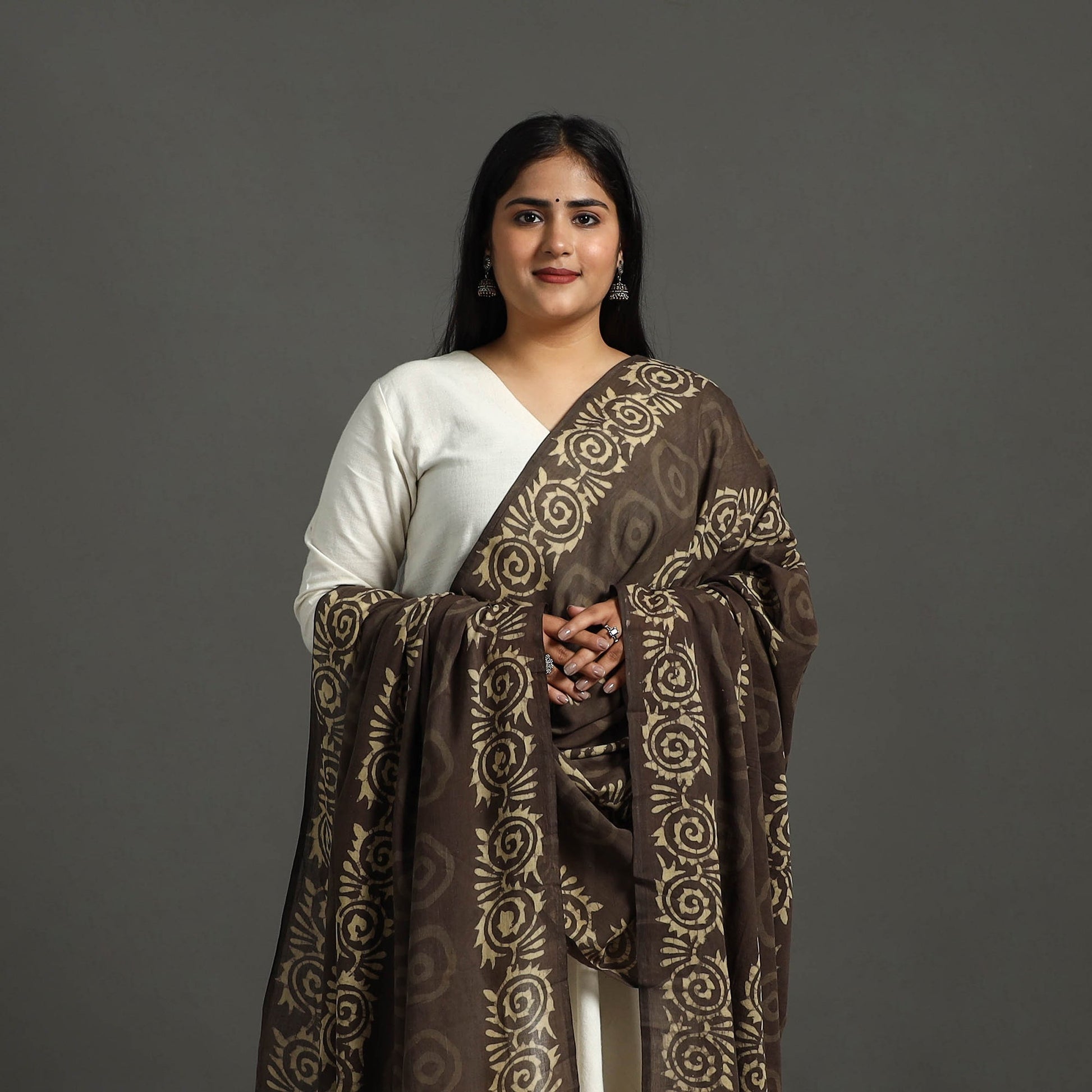 Brown - Block Print Mul Cotton Dabu Bagru Dupatta 61