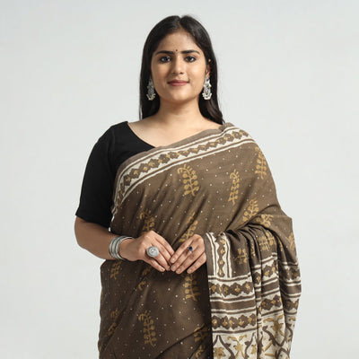 Brown - Akola Hand Block Printed Cotton Saree