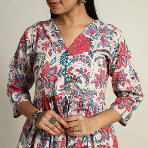 Beige - Block Print Cotton Flared Sanganeri Kurta Set 05