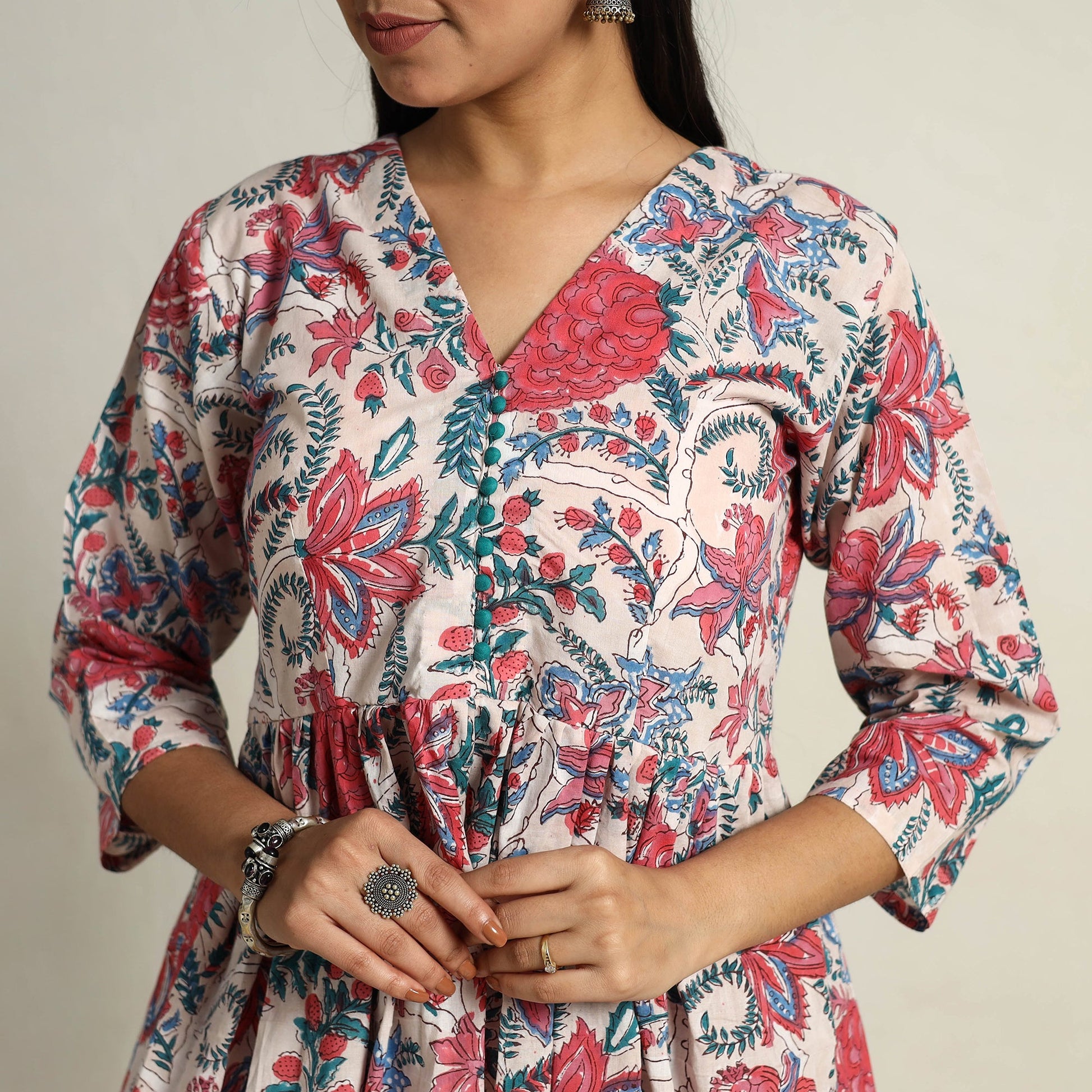 Beige - Block Print Cotton Flared Sanganeri Kurta Set 05