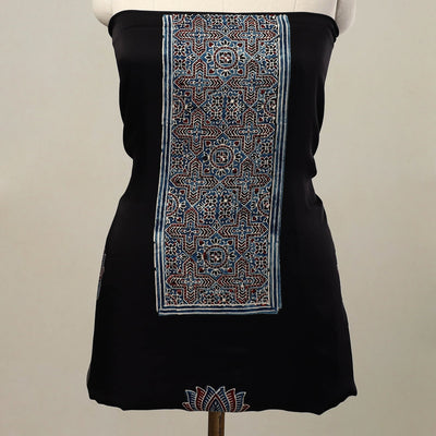 Black - 2pc Modal Silk Block Print Ajrakh Dress Material 03