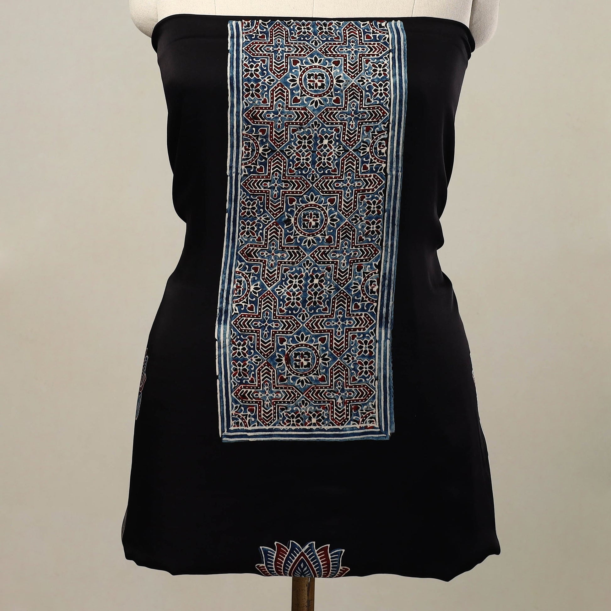 Black - 2pc Modal Silk Block Print Ajrakh Dress Material 03