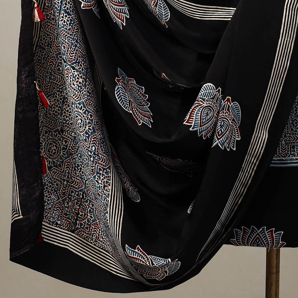 Black - 2pc Modal Silk Block Print Ajrakh Dress Material 03