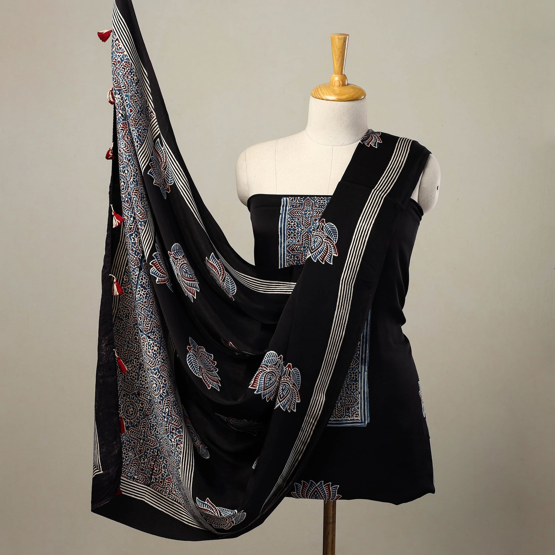 Black - 2pc Modal Silk Block Print Ajrakh Dress Material 03