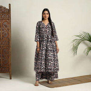 Black - Block Print Cotton Flared Sanganeri Kurta Set 06