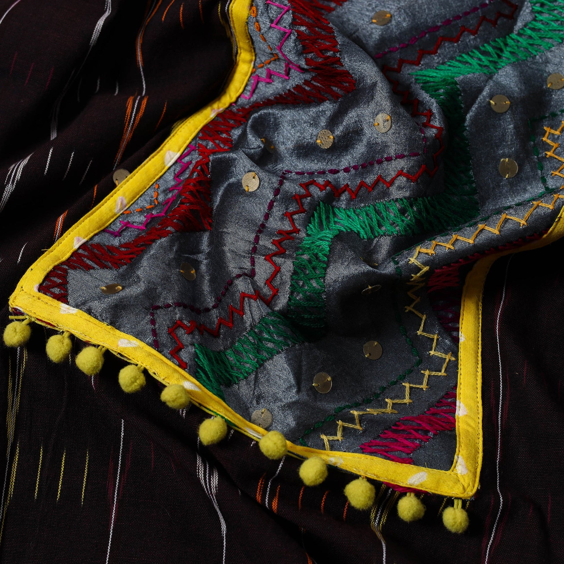 Brown - Ikat Cotton Kurta Material with Patchwork (3m) 09