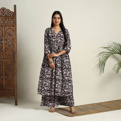 Black - Block Print Cotton Flared Sanganeri Kurta Set 06