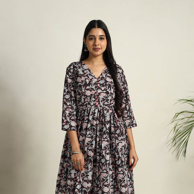 Black - Block Print Cotton Flared Sanganeri Kurta Set 06