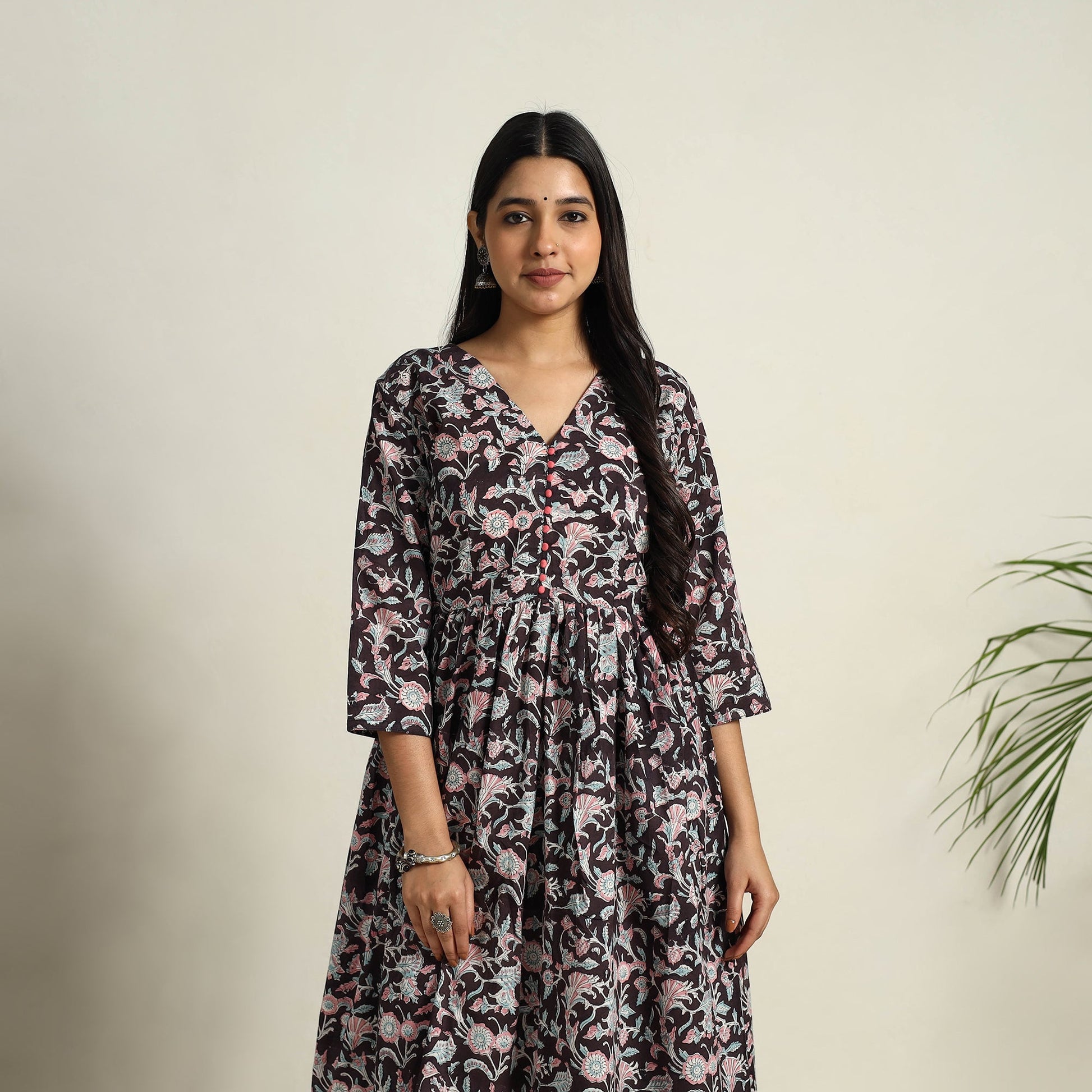 Black - Block Print Cotton Flared Sanganeri Kurta Set 06