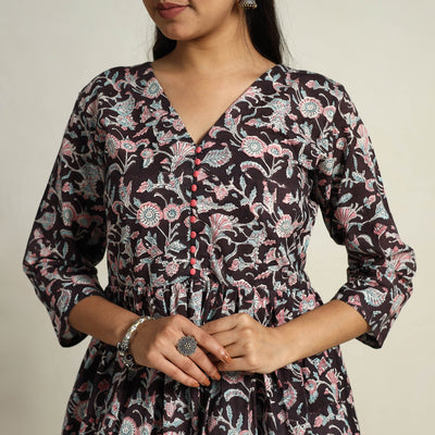 Black - Block Print Cotton Flared Sanganeri Kurta Set 06
