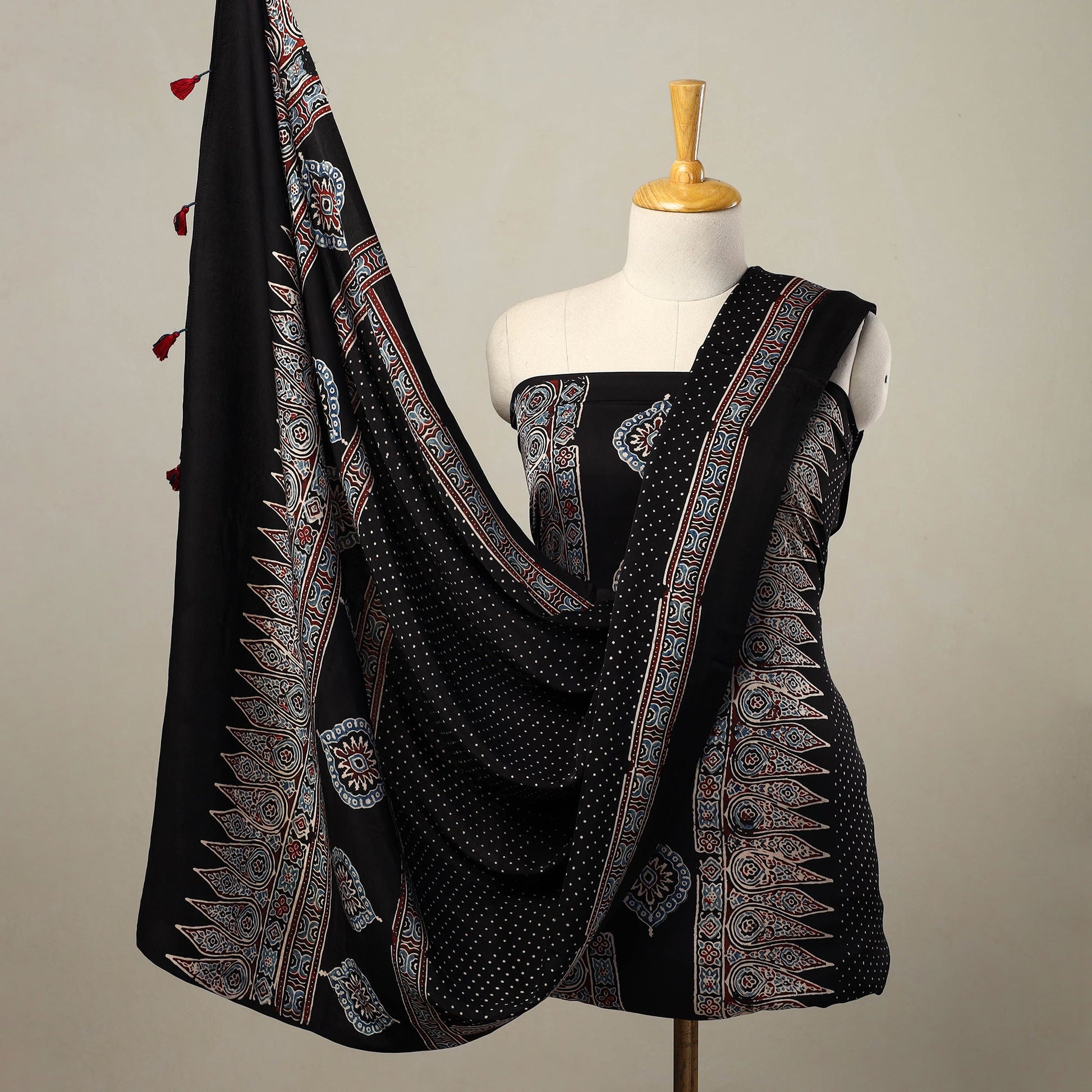 Black - 2pc Modal Silk Block Print Ajrakh Dress Material 05
