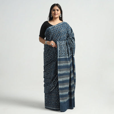 Blue - Akola Hand Block Printed Cotton Saree