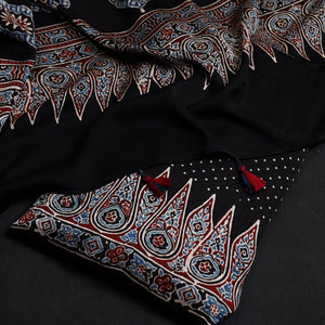 Black - 2pc Modal Silk Block Print Ajrakh Dress Material 05