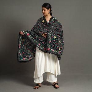 Black - Ranihati Chanderi Silk Chapa Work Phulkari Embroidered Dupatta with Pom Pom 30