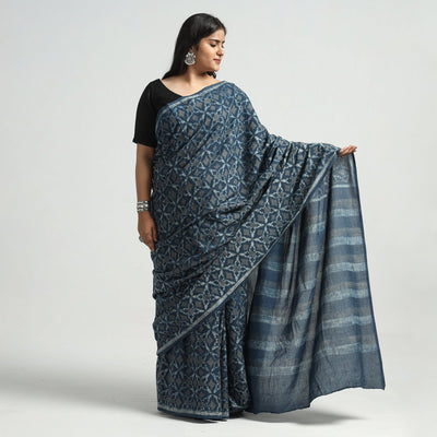 Blue - Akola Hand Block Printed Cotton Saree
