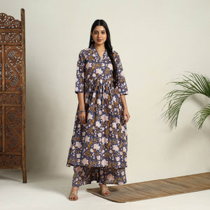 Blue - Block Print Cotton Flared Sanganeri Kurta Set 01